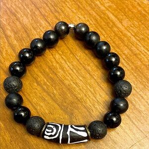 Unique Black Lava Rock, Black Agate & Black Onyx Beaded Wrist Style Bracelet.